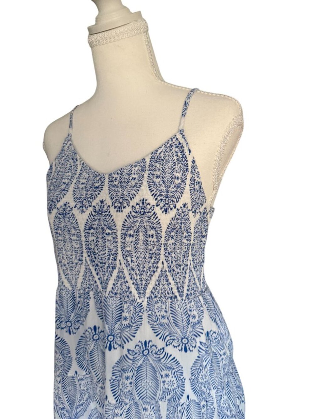THML Smocked Blue White Paisley Maxi Dress Size Medium - Picture 2 of 7